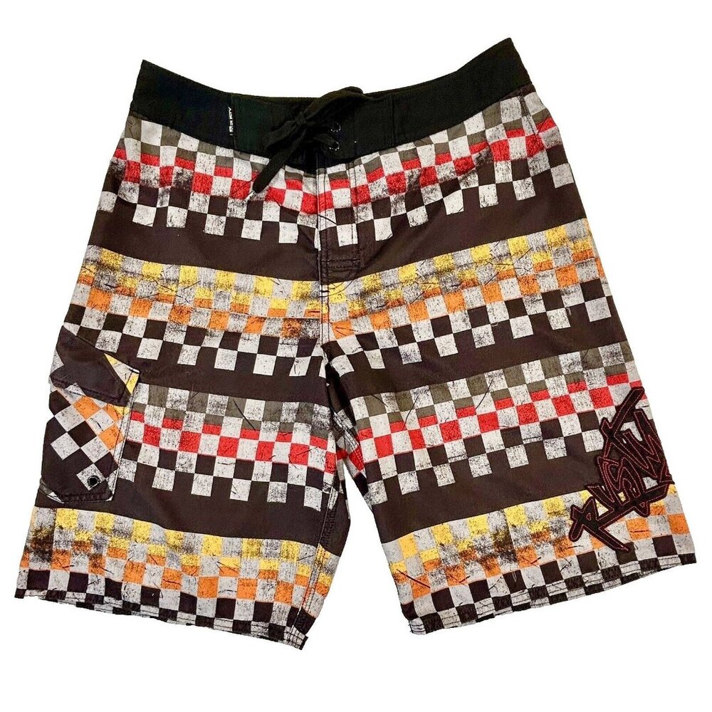 Rusty Board Shorts Surf  Swim Trunks Checker Red Black Orange Yellow 32 M Y2k?